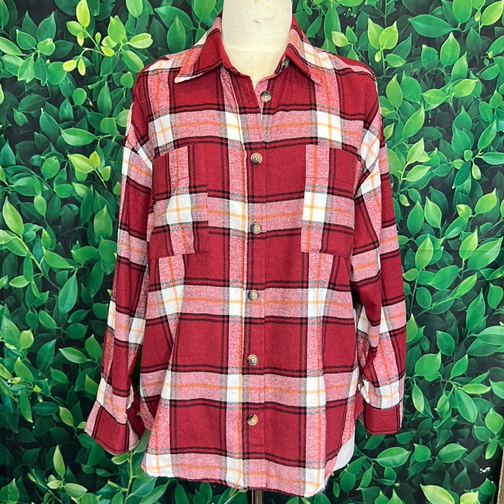 Flannel button up. Burgundy black and white